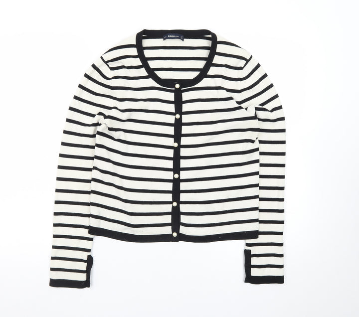 ZARA Women Black Striped Knit Cardigan Size 14 Round Neck