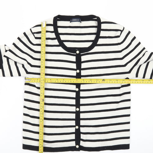 ZARA Women Black Striped Knit Cardigan Size 14 Round Neck