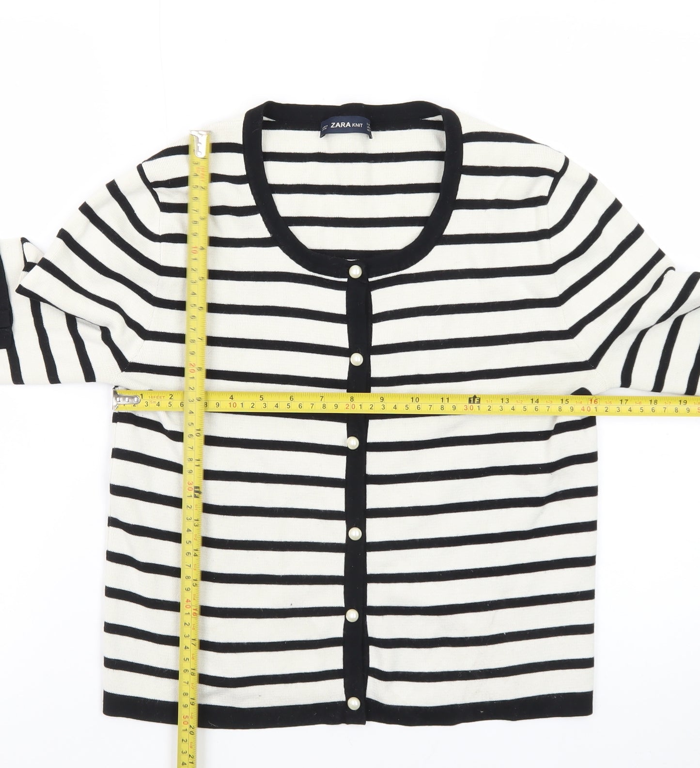 ZARA Women Black Striped Knit Cardigan Size 14 Round Neck
