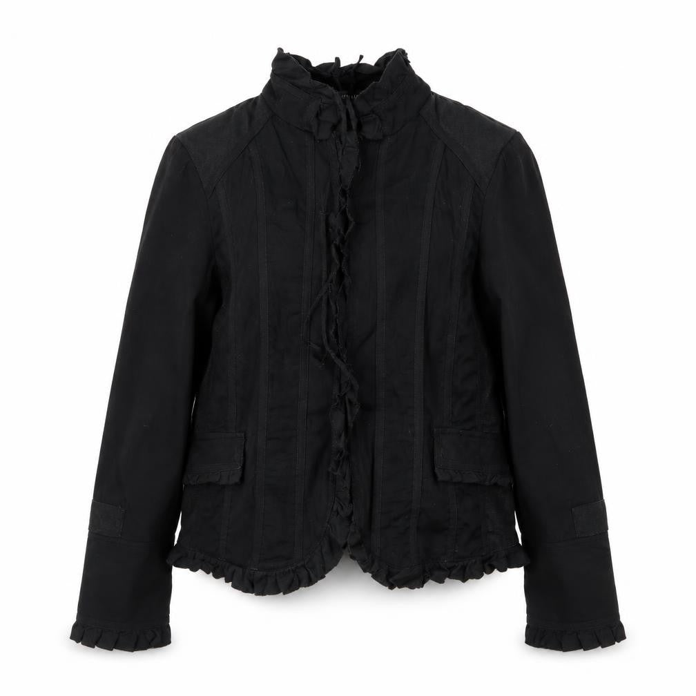 Front view of Principles women’s black cotton blend ruffle trim jacket, size UK 14