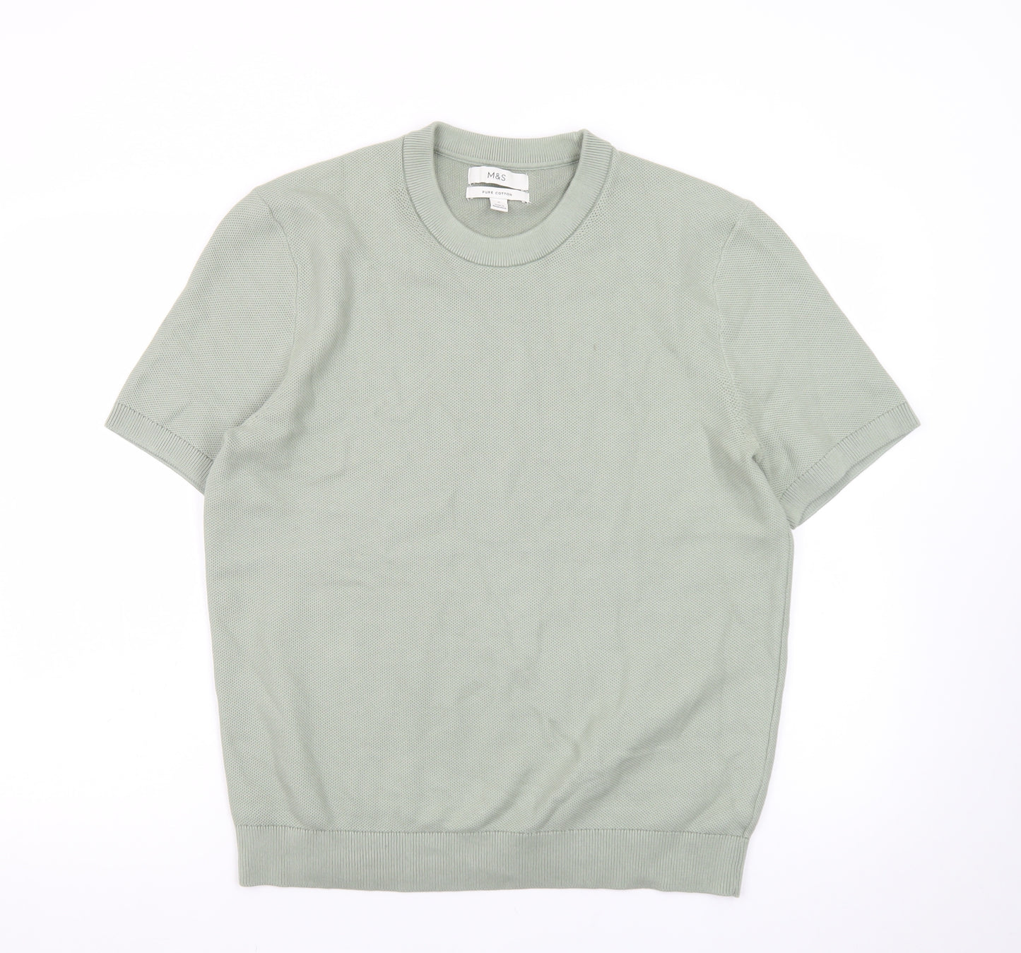Marks and Spencer Men's Green Pure Cotton Crew Neck Short Sleeve T-Shirt Size M