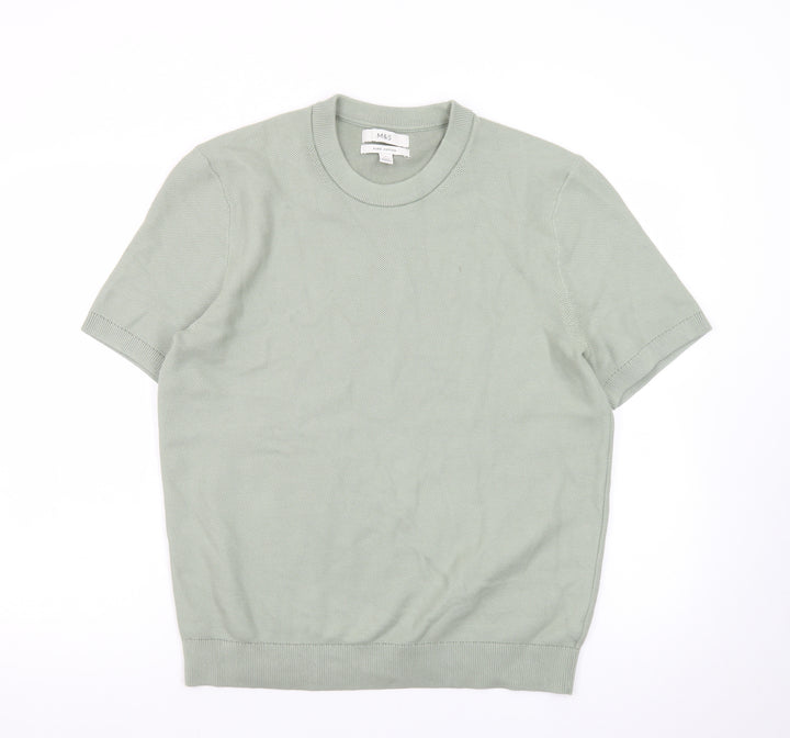 Marks and Spencer Men's Green Pure Cotton Crew Neck Short Sleeve T-Shirt Size M