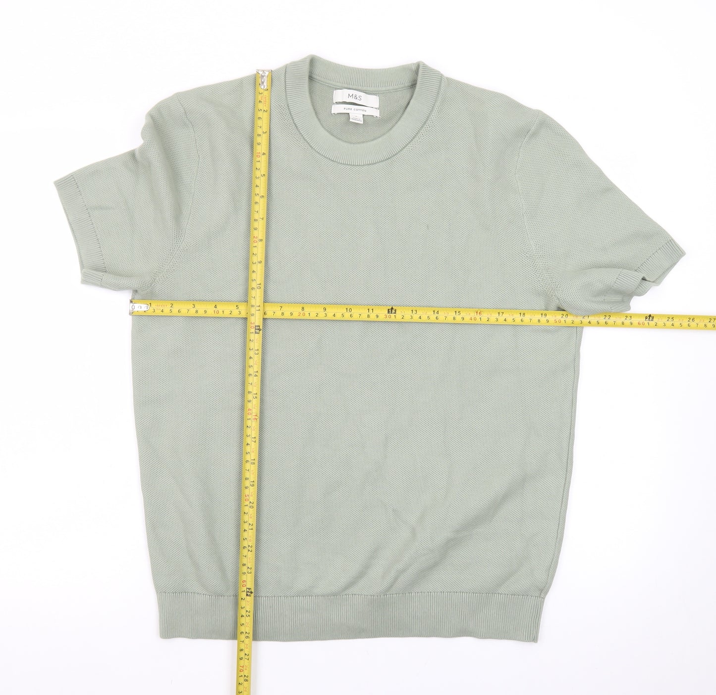 Marks and Spencer Men's Green Pure Cotton Crew Neck Short Sleeve T-Shirt Size M