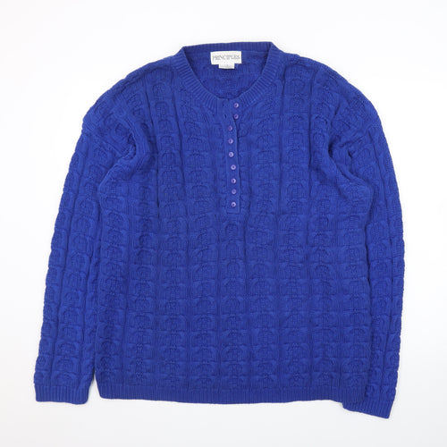 Principles Women's Blue Cotton Henley Jumper L Cable Knit Classic