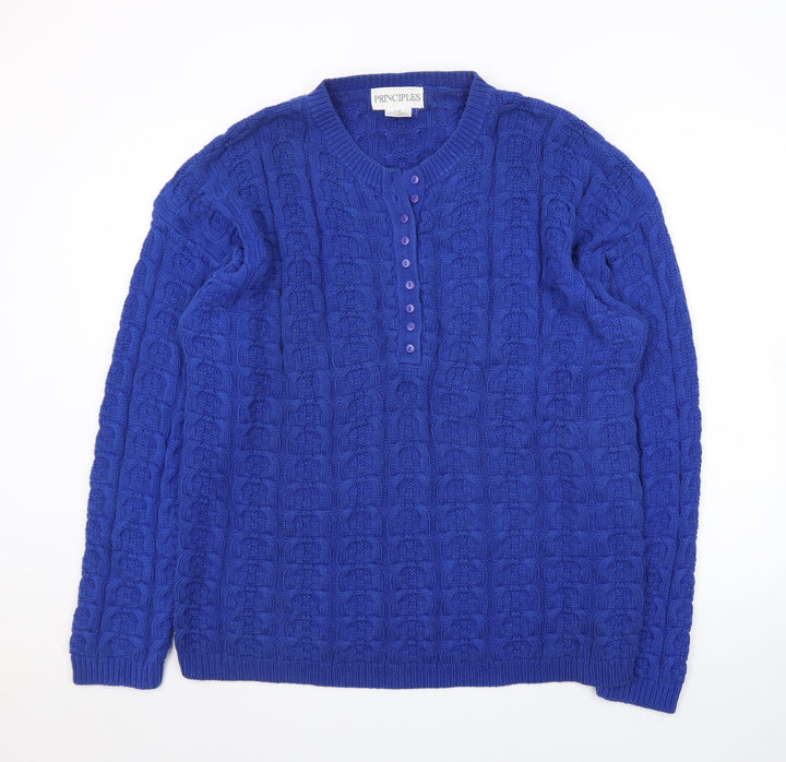 Principles Women's Blue Cotton Henley Jumper L Cable Knit Classic