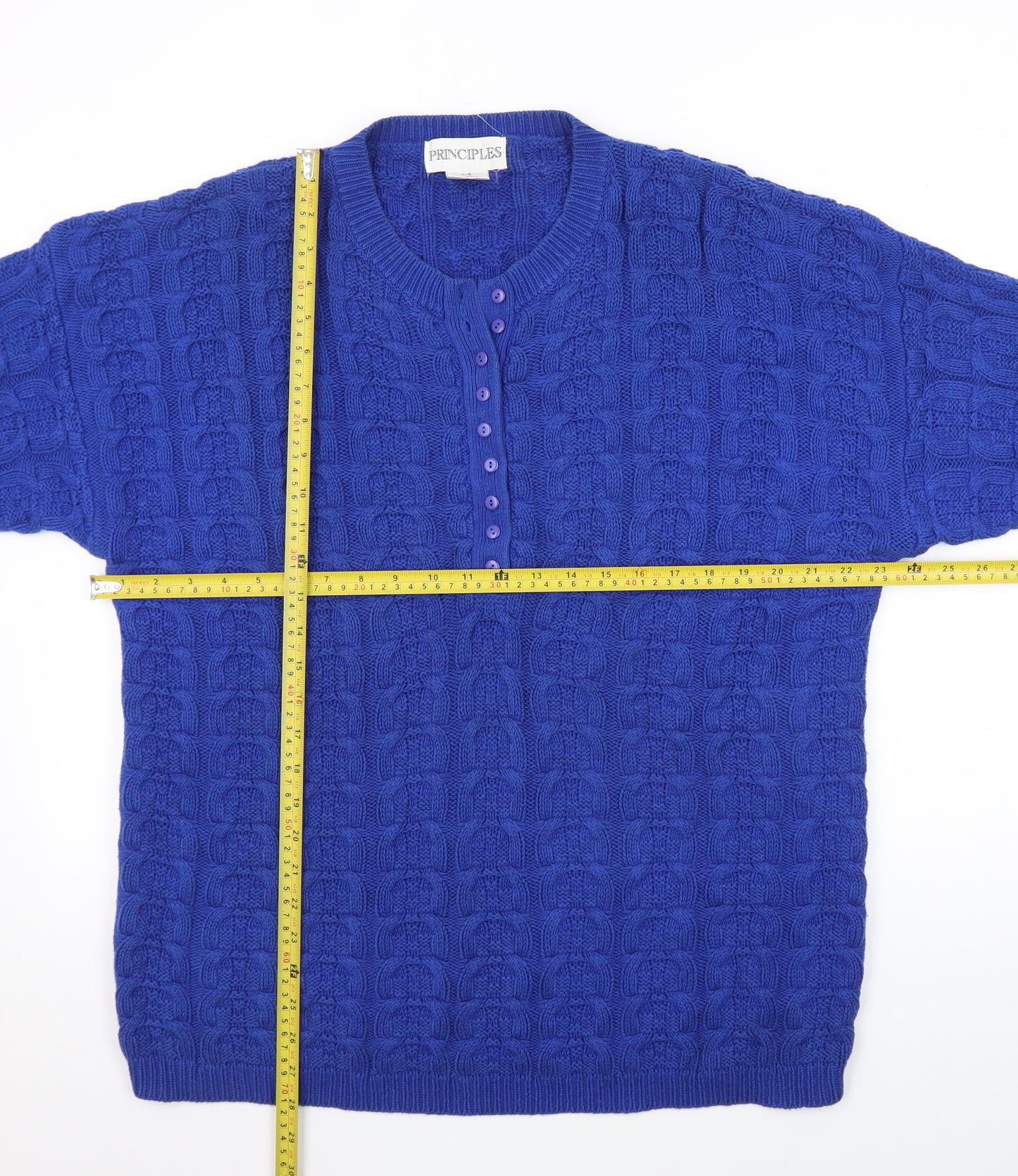 Principles Women's Blue Cotton Henley Jumper L Cable Knit Classic