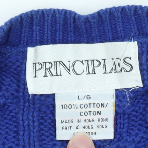 Principles Women's Blue Cotton Henley Jumper L Cable Knit Classic