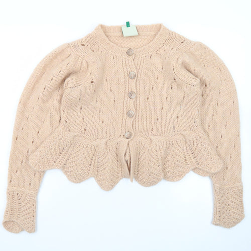 FARM Women Beige Wool Blend Puff Sleeve Knit Cardigan 2XS
