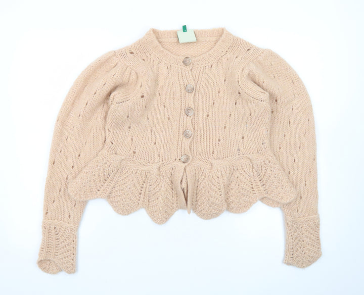 FARM Women Beige Wool Blend Puff Sleeve Knit Cardigan 2XS