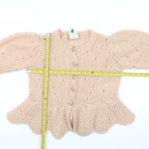 FARM Women Beige Wool Blend Puff Sleeve Knit Cardigan 2XS