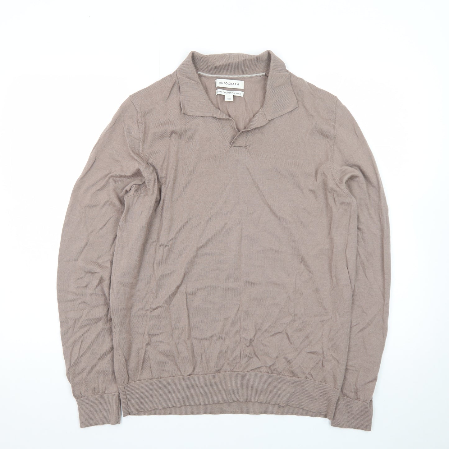 Marks and Spencer Men’s Beige Merino Wool Collared Pullover Jumper L