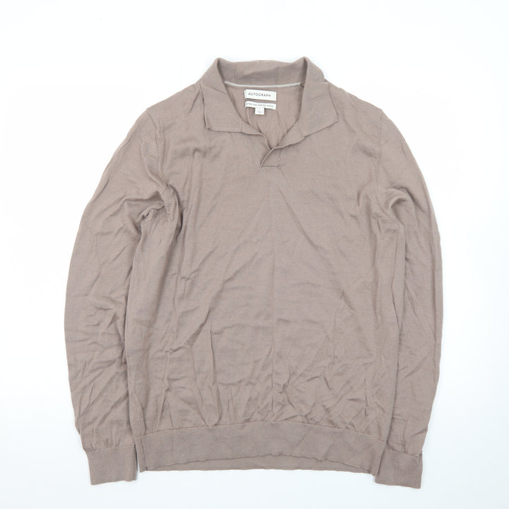 Marks and Spencer Men’s Beige Merino Wool Collared Pullover Jumper L