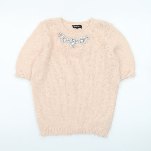 New Look Women Beige Short Sleeve Pullover Jumper Size 10 Embellished Crew Neck