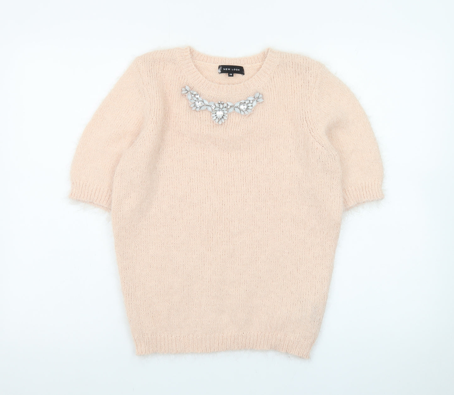 New Look Women Beige Short Sleeve Pullover Jumper Size 10 Embellished Crew Neck
