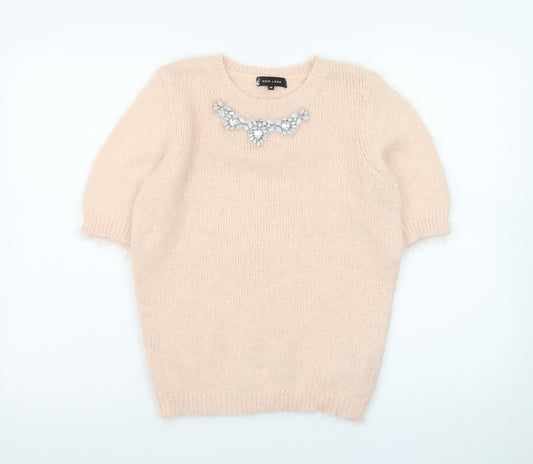 New Look Women Beige Short Sleeve Pullover Jumper Size 10 Embellished Crew Neck