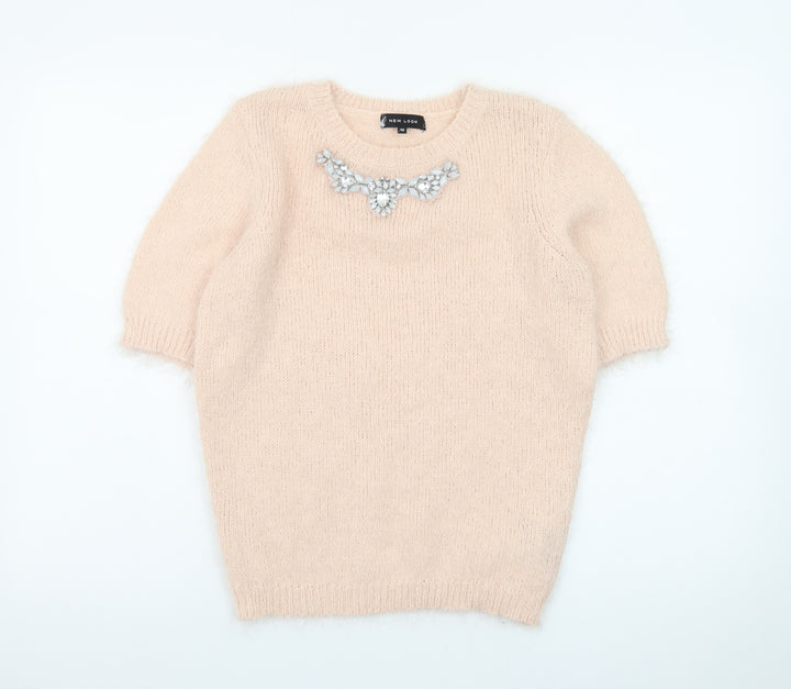 New Look Women Beige Short Sleeve Pullover Jumper Size 10 Embellished Crew Neck