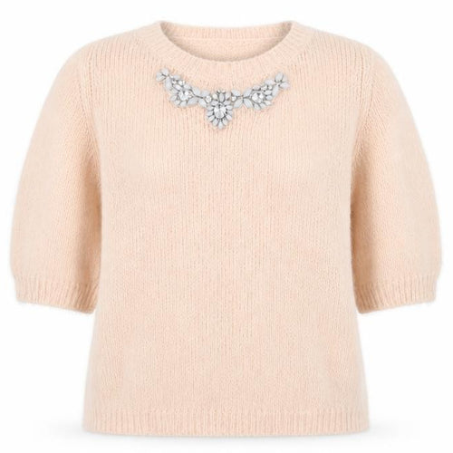 New Look Women Beige Short Sleeve Pullover Jumper Size 10 Embellished Crew Neck