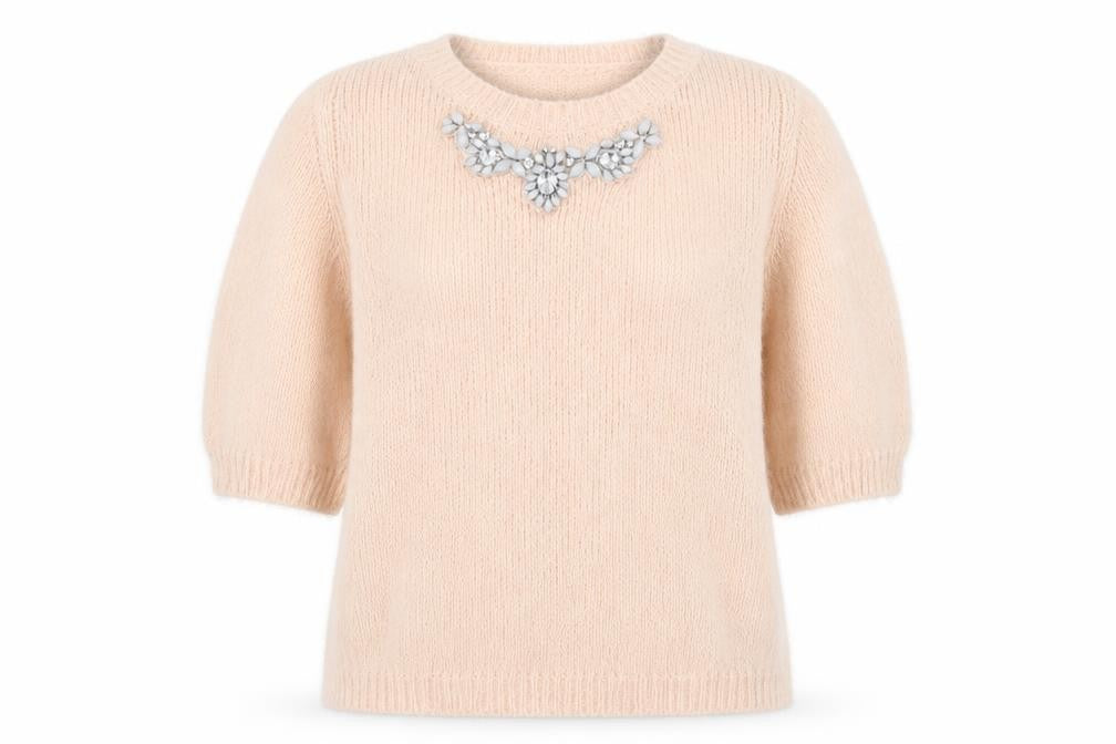 New Look Women Beige Short Sleeve Pullover Jumper Size 10 Embellished Crew Neck