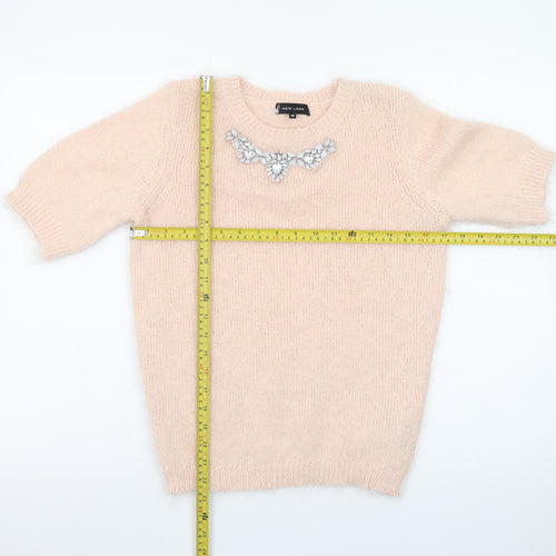 New Look Women Beige Short Sleeve Pullover Jumper Size 10 Embellished Crew Neck
