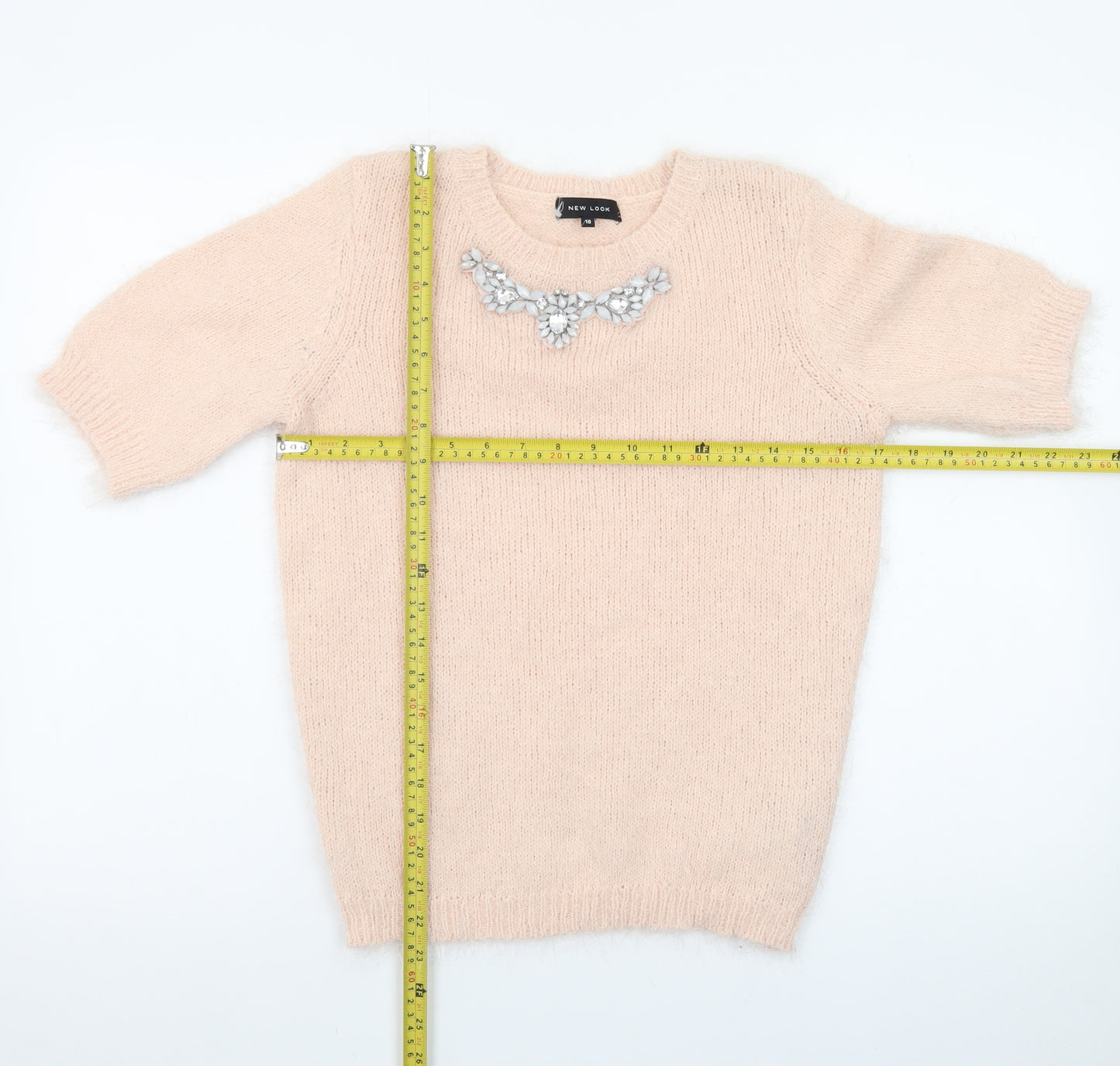 New Look Women Beige Short Sleeve Pullover Jumper Size 10 Embellished Crew Neck