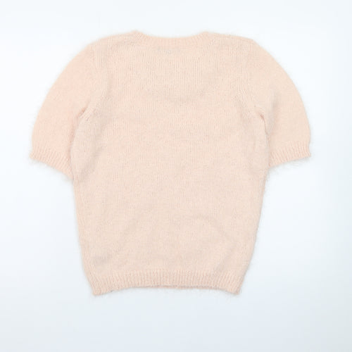 New Look Women Beige Short Sleeve Pullover Jumper Size 10 Embellished Crew Neck