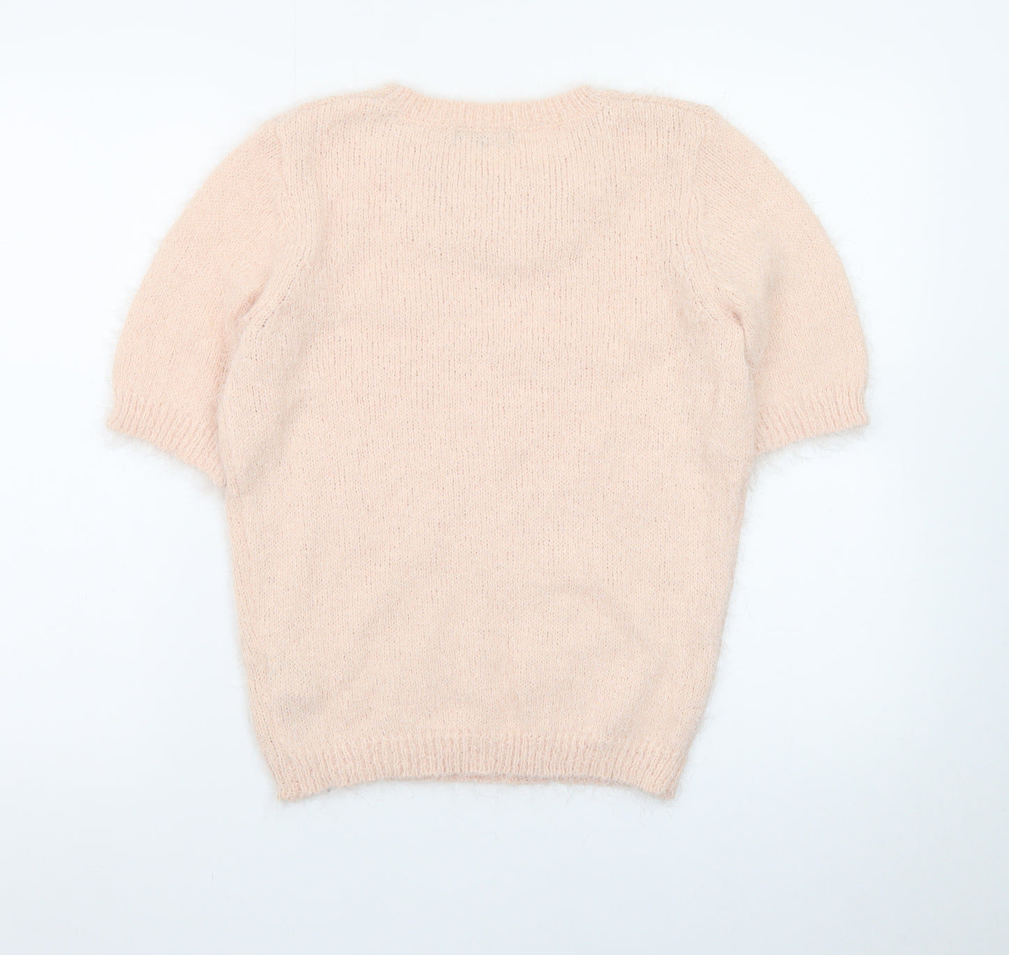 New Look Women Beige Short Sleeve Pullover Jumper Size 10 Embellished Crew Neck