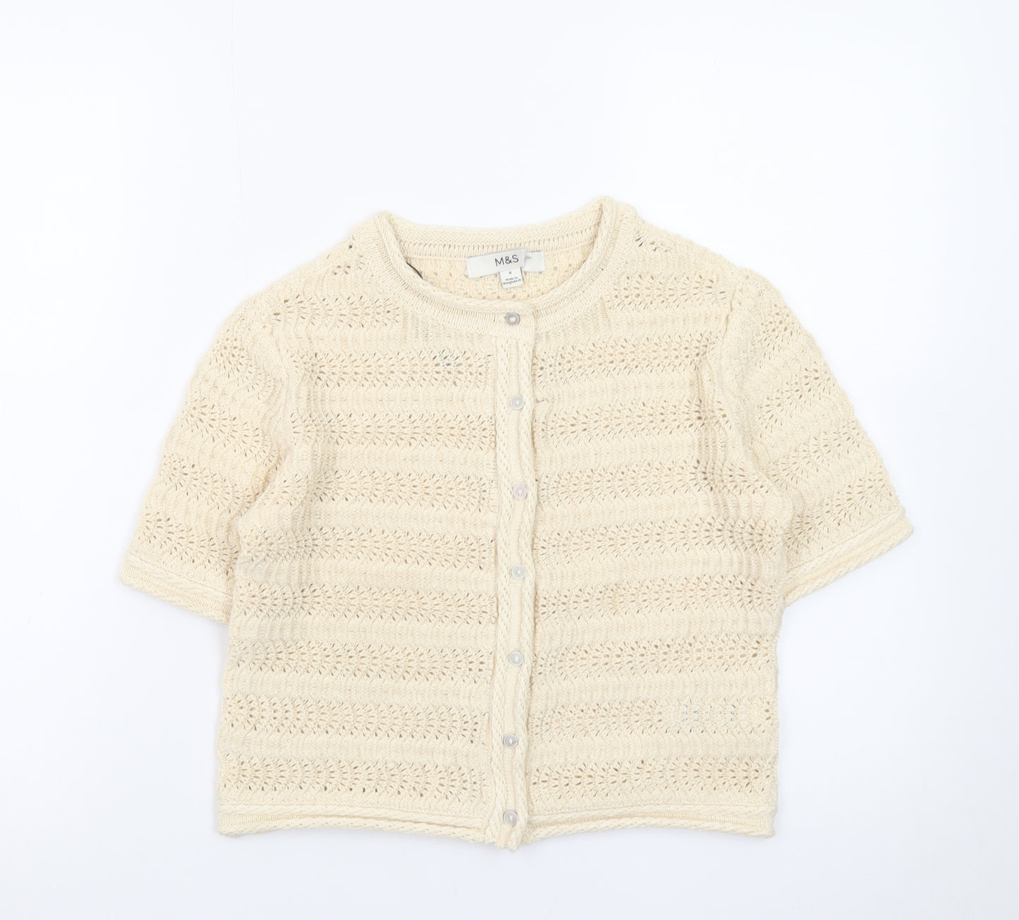Marks and Spencer Women Ivory Crochet Short Sleeve Cardigan Size S