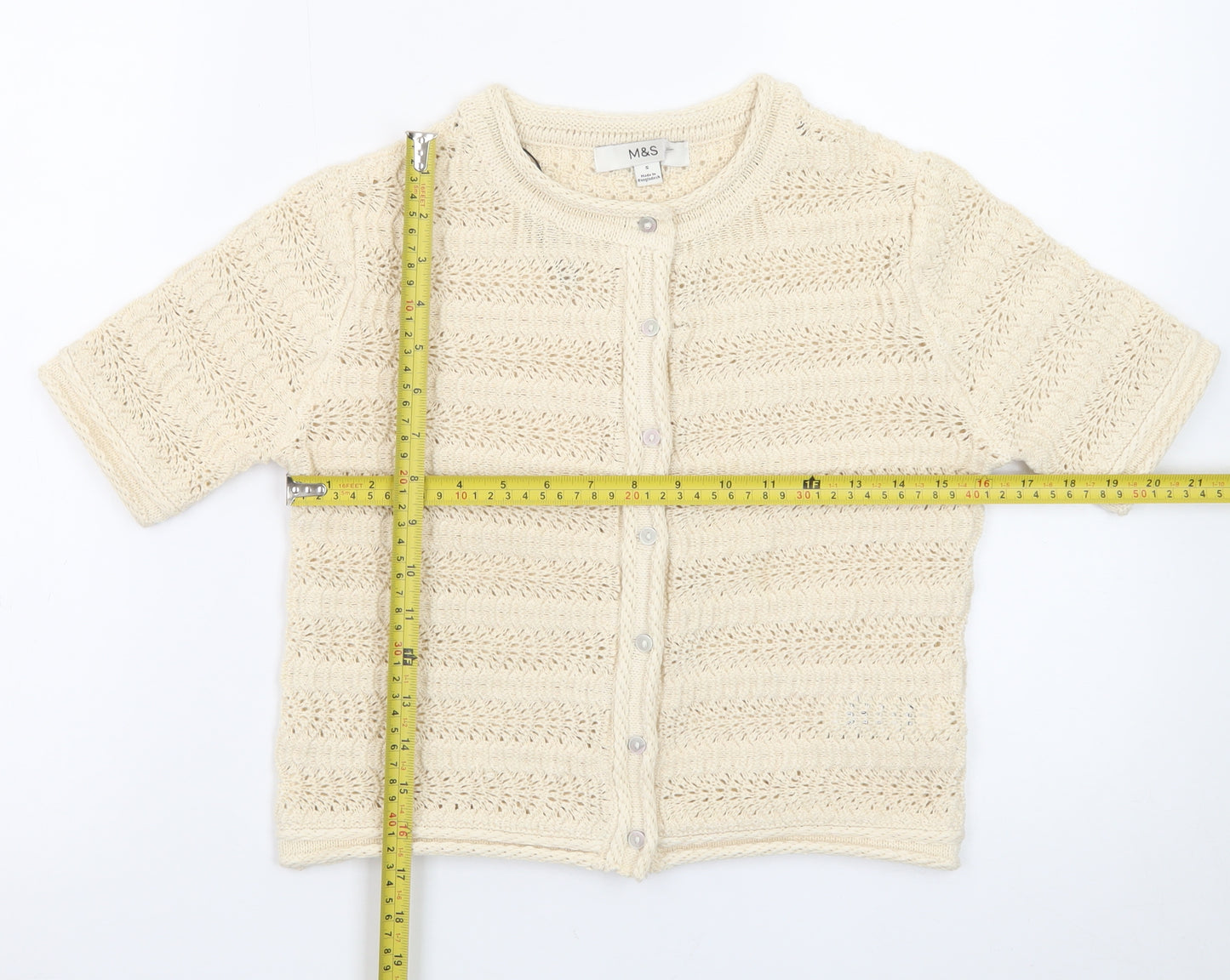 Marks and Spencer Women Ivory Crochet Short Sleeve Cardigan Size S