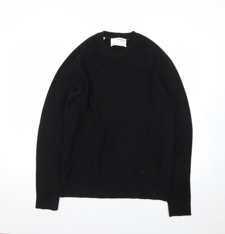 Selected Homme Men's Black Cotton Crew Neck Pullover Jumper Size M
