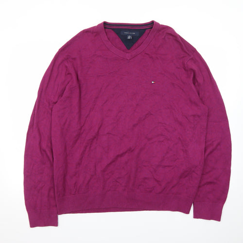 Tommy Hilfiger Men's Purple V-Neck Cotton Knit Jumper XL