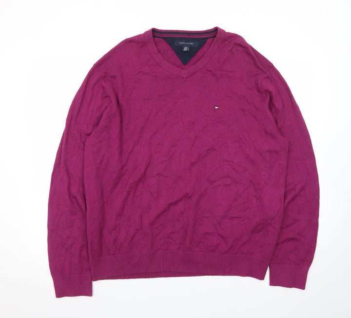 Tommy Hilfiger Men's Purple V-Neck Cotton Knit Jumper XL