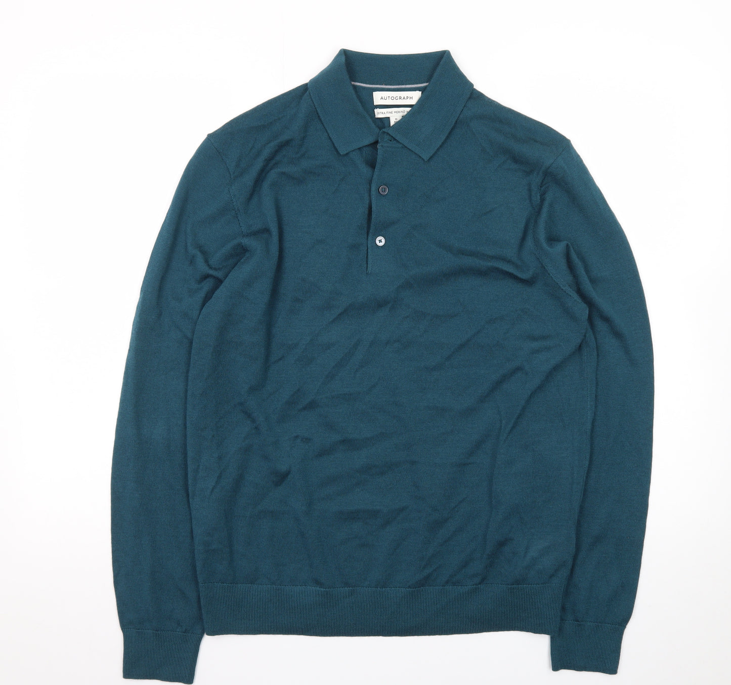 Marks and Spencer Men’s Green Merino Wool Collared Henley Jumper M