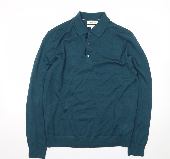 Marks and Spencer Men’s Green Merino Wool Collared Henley Jumper M