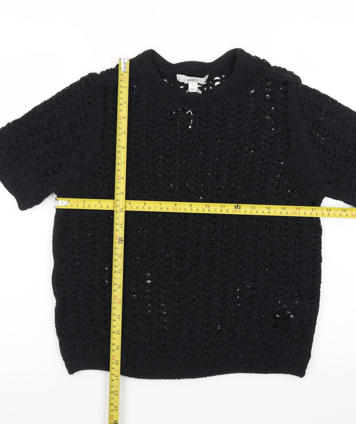 Marks and Spencer Women's Black Open-Knit Short Sleeve Pullover Jumper Size M