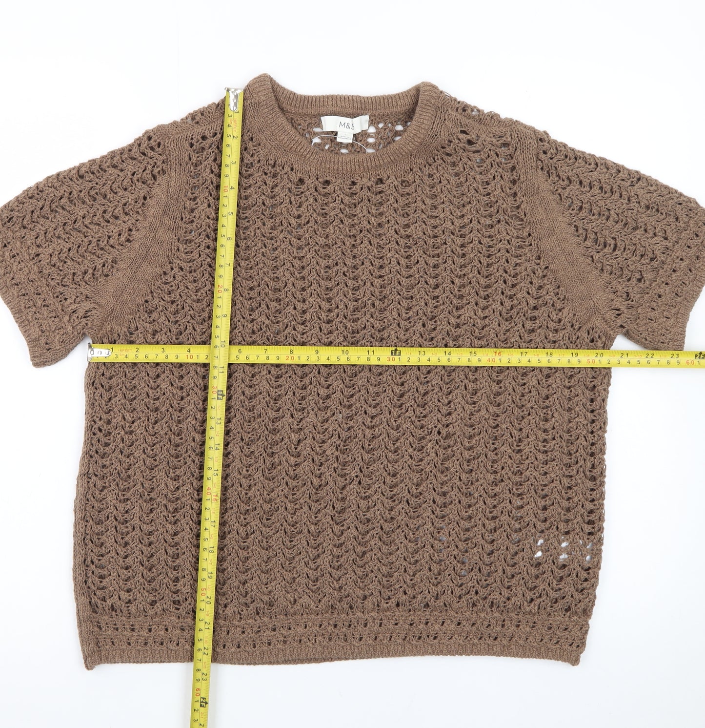 Marks and Spencer Women’s Brown Open-Knit Short Sleeve Cotton Blend Jumper L