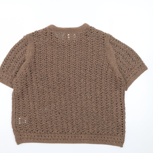 Marks and Spencer Women’s Brown Open-Knit Short Sleeve Cotton Blend Jumper L