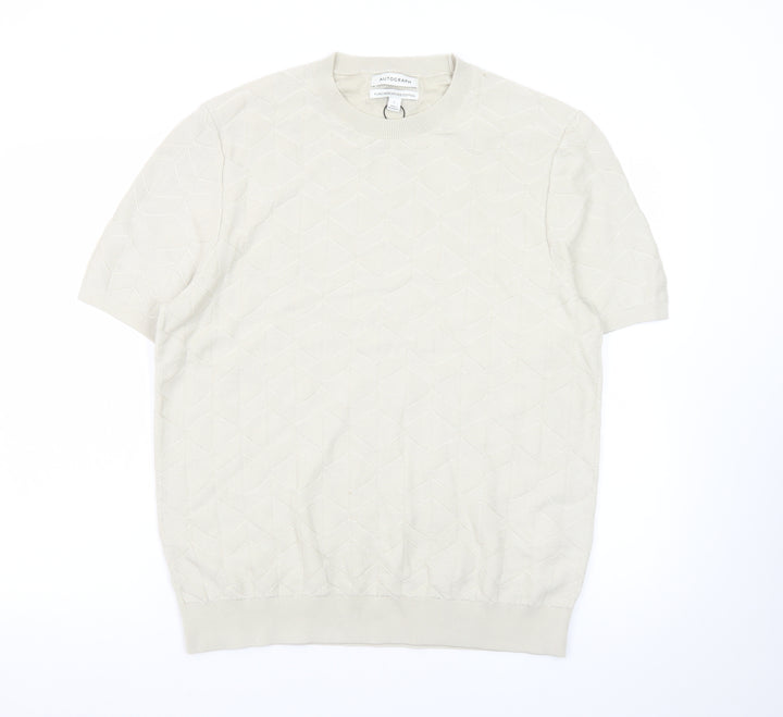 Marks and Spencer Men’s Beige Cotton Short Sleeve Crew Neck Jumper L
