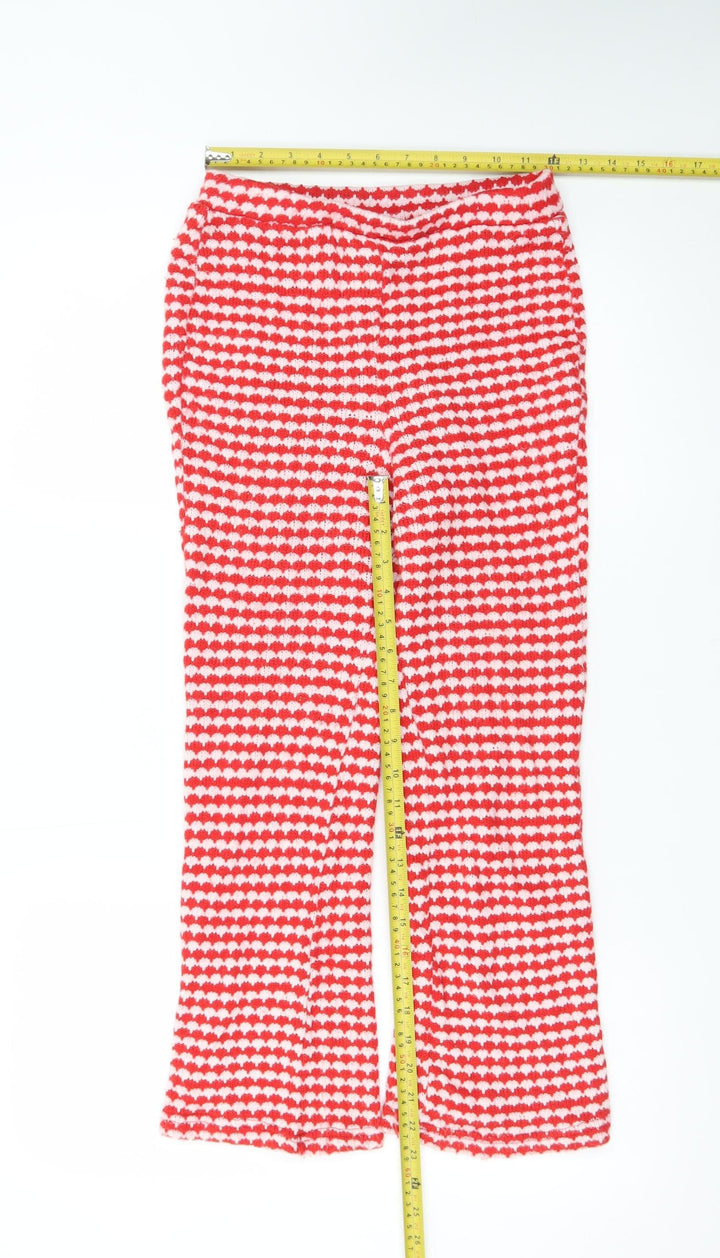 Zara Women Red White Knit Flared Trousers M Retro Heart Print