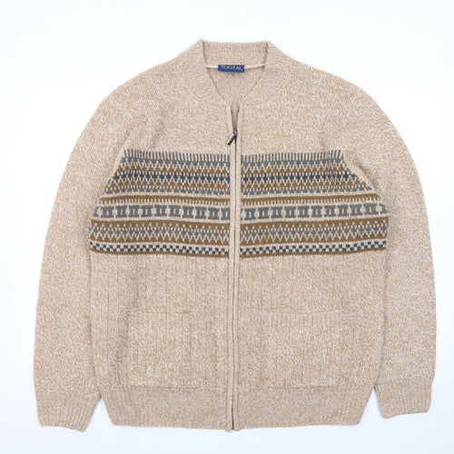 Tootal Men's Beige Fair Isle Wool Full Zip Cardigan Jumper L