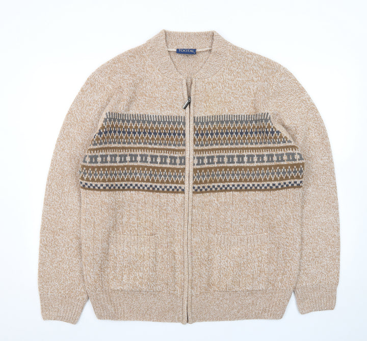 Tootal Men's Beige Fair Isle Wool Full Zip Cardigan Jumper L