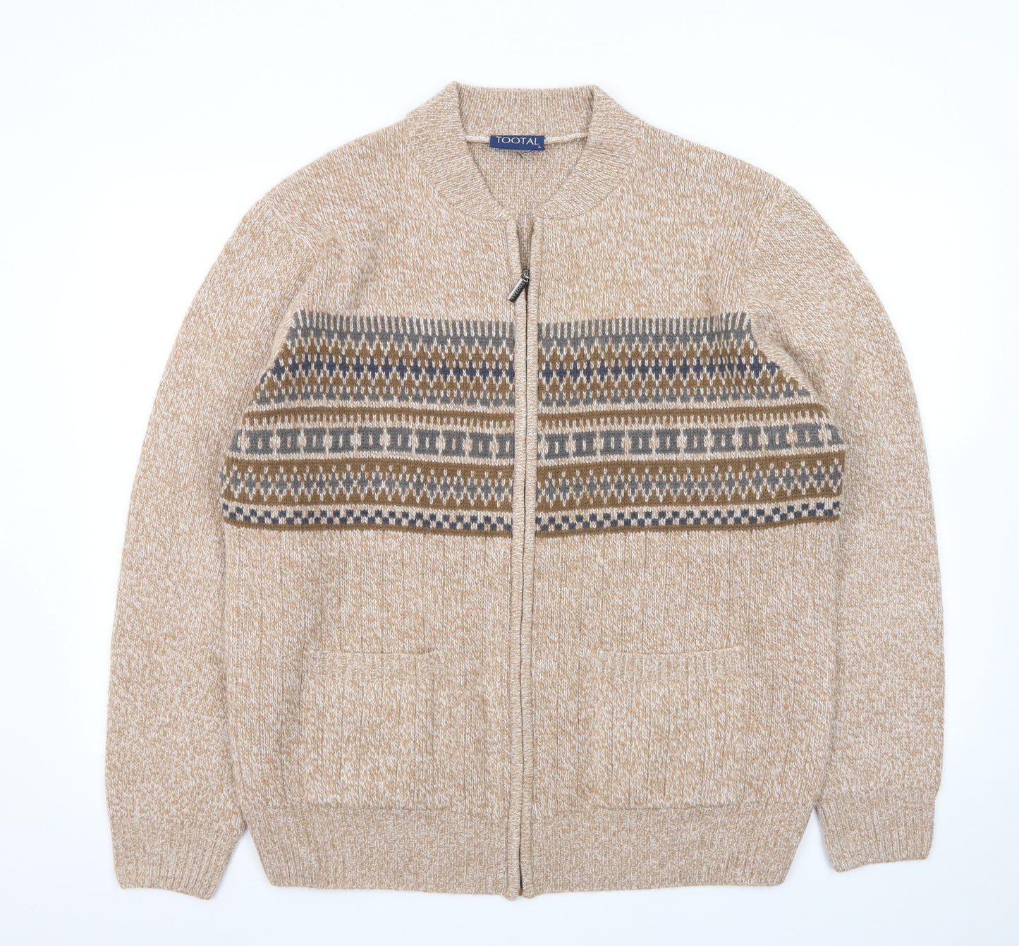 Tootal Men's Beige Fair Isle Wool Full Zip Cardigan Jumper L