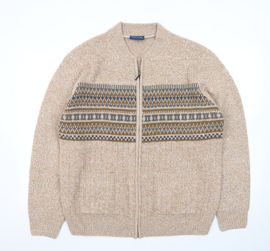 Tootal Men's Beige Fair Isle Wool Full Zip Cardigan Jumper L