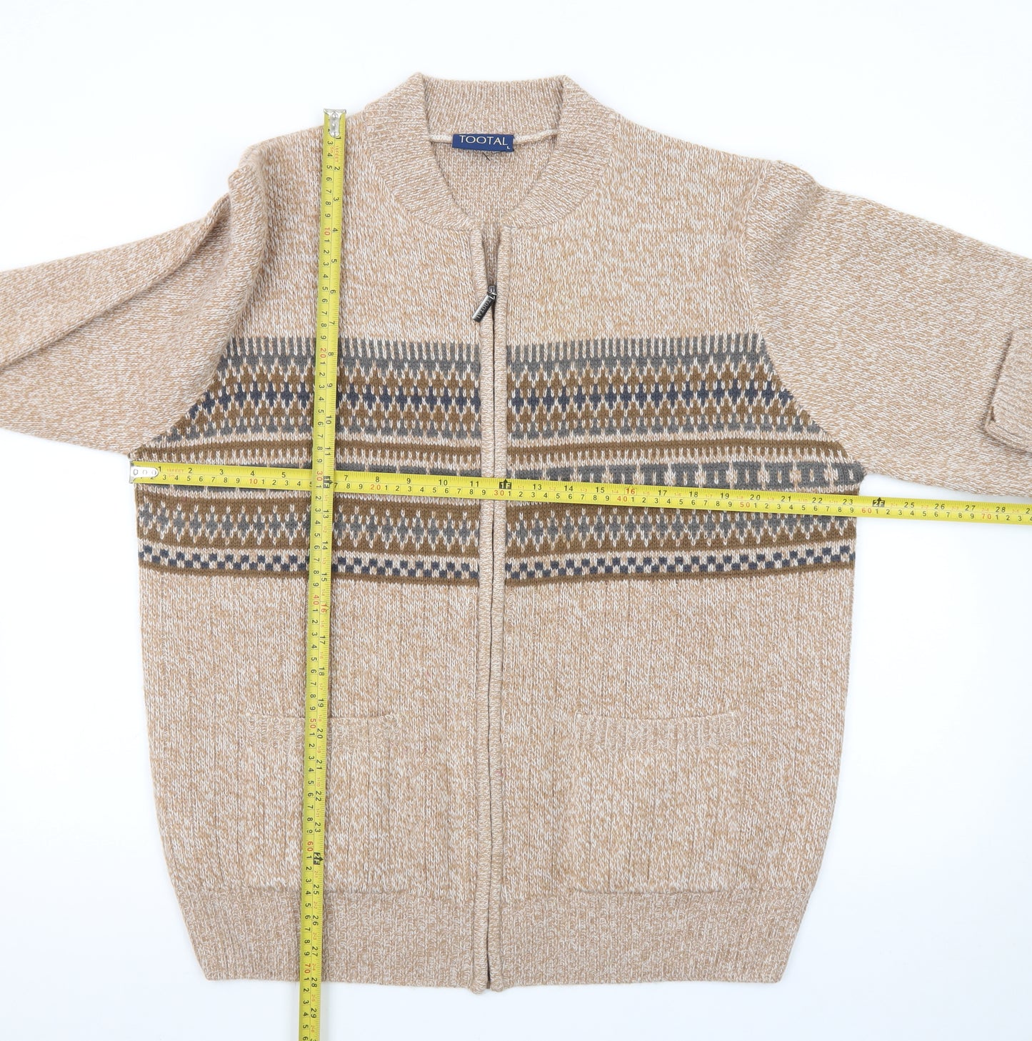 Tootal Men's Beige Fair Isle Wool Full Zip Cardigan Jumper L