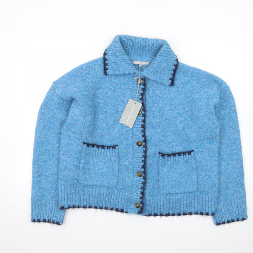 Oliver Bonas Women Blue Wool Blend Collared Cardigan Size 12