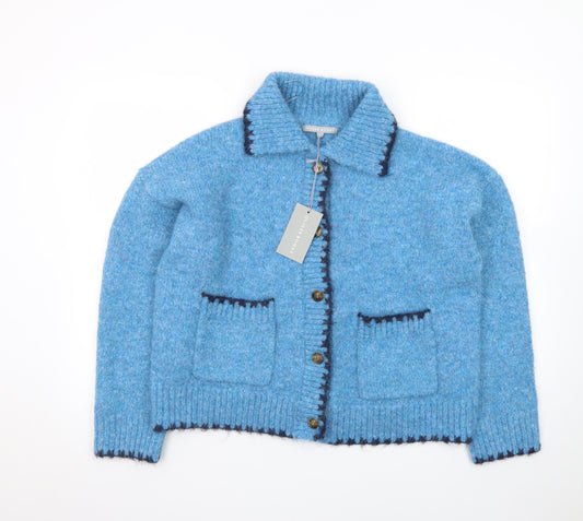 Oliver Bonas Women Blue Wool Blend Collared Cardigan Size 12