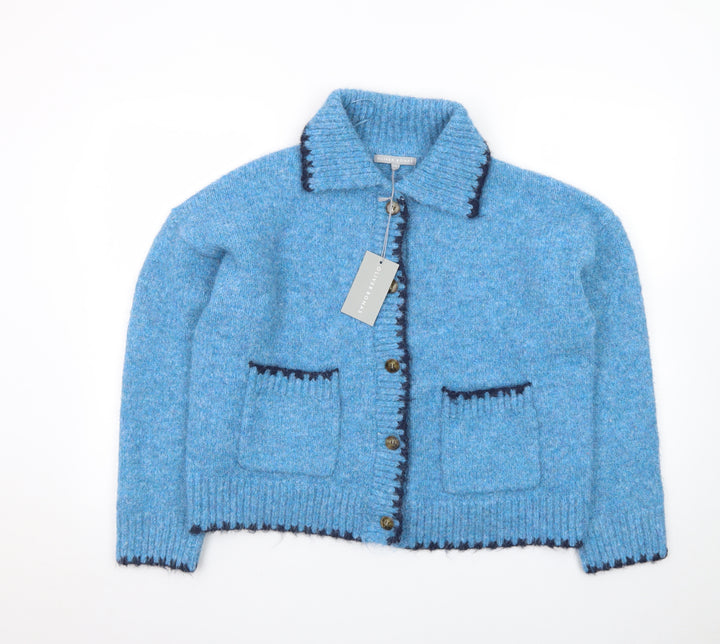 Oliver Bonas Women Blue Wool Blend Collared Cardigan Size 12