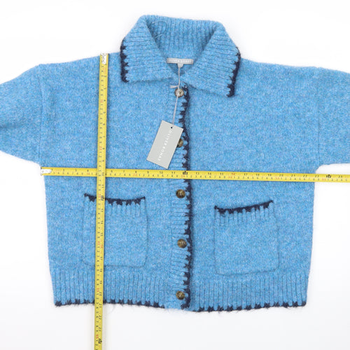 Oliver Bonas Women Blue Wool Blend Collared Cardigan Size 12
