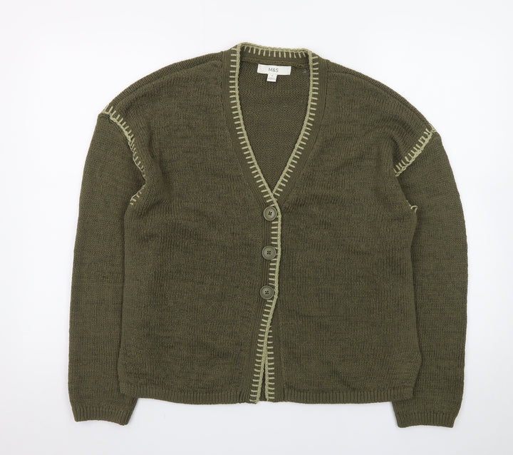 Marks and Spencer Women's Green V-Neck Knit Button Cardigan M