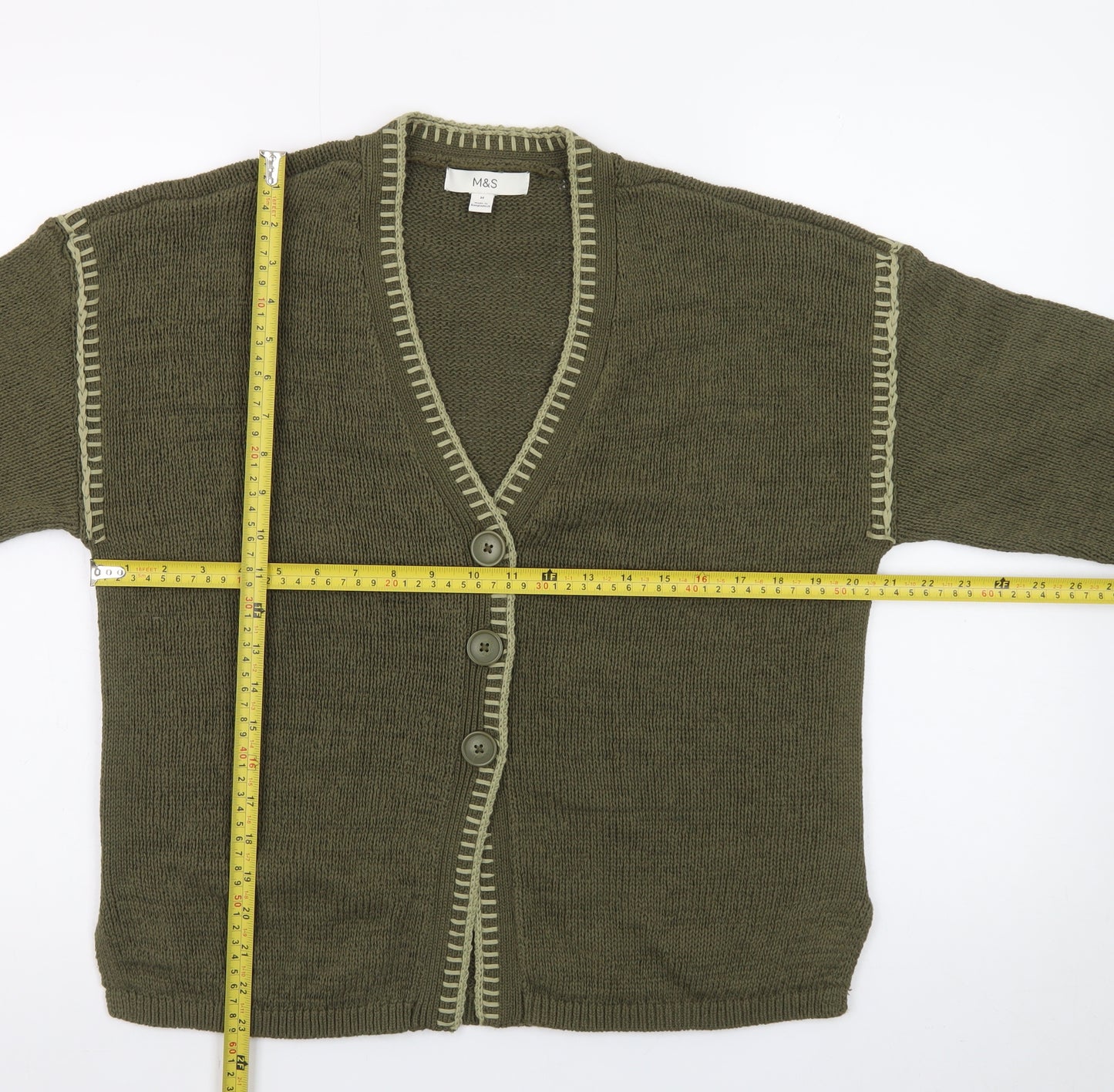 Marks and Spencer Women's Green V-Neck Knit Button Cardigan M