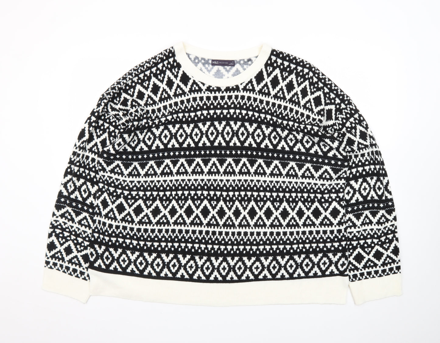 Marks and Spencer Women Black Fair Isle Long Sleeve Pullover Jumper Size 24